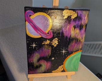 Lienzo de galaxia pintado a mano / Arte cósmico de aurora verde y naranja