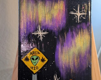 Pintura con letrero de galaxia "Área 420" / Arte cósmico de marihuana / Decoración de pared con estética 420 / Mini lienzo pintado a mano