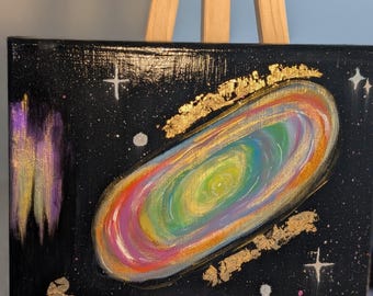 Pintura de galaxia espiral / Arte de remolino cósmico, detalles en pan de oro (mini lienzo)