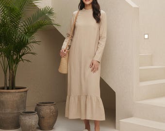 Langärmeliges Kleid aus reinem Leinen für Damen, Pendeln, Elegantes Kleid, Lockeres Kleid, Benutzerdefiniertes Kleid, Übergrößenkleidung 100% Leinenkleid