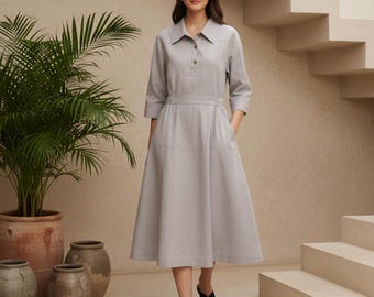 Reines Leinenkleid für Frauen mit 3/4-Ärmeln, Pendeln, Elegantes Kleid, Lockeres Kleid, Benutzerdefiniertes Kleid, Übergrößenkleidung 100% Leinenkleid