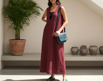 Ärmelloses Kleid aus reinem Leinen für Frauen, Pendeln, Elegantes Kleid, Lockeres Kleid, Benutzerdefiniertes Kleid, Übergrößenkleidung 100% Leinenkleid