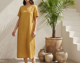 Kurzärmeliges Kleid aus reinem Leinen für Damen, Pendeln, Elegantes Kleid, Lockeres Kleid, Benutzerdefiniertes Kleid, Übergrößenkleidung 100% Leinenkleid