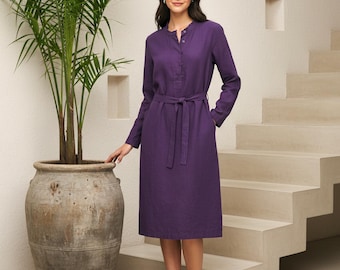 Langärmeliges Kleid aus reinem Leinen für Damen, Pendeln, Elegantes Kleid, Lockeres Kleid, Benutzerdefiniertes Kleid, Übergrößenkleidung 100% Leinenkleid