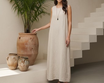 Ärmelloses Kleid aus reinem Leinen für Frauen, Pendeln, Elegantes Kleid, Lockeres Kleid, Benutzerdefiniertes Kleid, Übergrößenkleidung 100% Leinenkleid