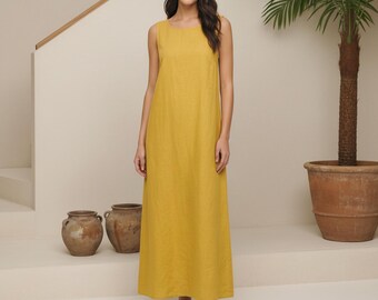 Ärmelloses Kleid aus reinem Leinen für Frauen, Pendeln, Elegantes Kleid, Lockeres Kleid, Benutzerdefiniertes Kleid, Übergrößenkleidung 100% Leinenkleid
