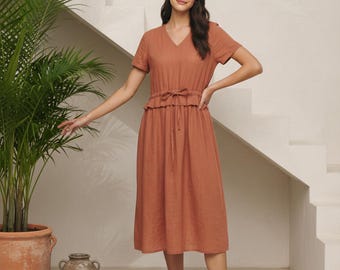 Kurzärmeliges Kleid aus reinem Leinen für Damen, Pendeln, Elegantes Kleid, Lockeres Kleid, Benutzerdefiniertes Kleid, Übergrößenkleidung 100% Leinenkleid