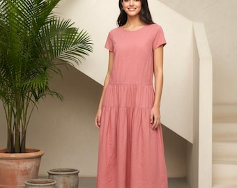 Kurzärmeliges Kleid aus reinem Leinen für Damen, Pendeln, Elegantes Kleid, Lockeres Kleid, Benutzerdefiniertes Kleid, Übergrößenkleidung 100% Leinenkleid