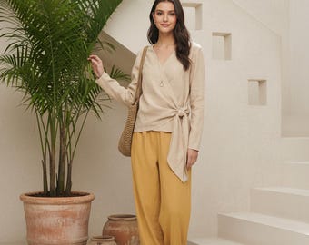 Zweiteiliges Set aus reinem Leinen für Damen, Langarmoberteil und Hose mit weitem Bein, Größenset anpassen, atmungsaktives Leinen-Cami Plus-Größenset