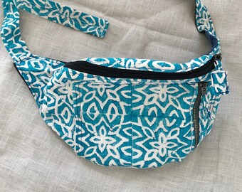 Money Belt, Wearable Art, Bum Bag, Hand Printed, Upcycled Denim, Turquoise Fanny Pack