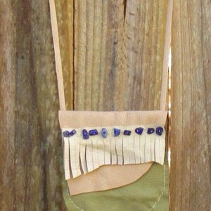 Medicine Bag, Leather Pouch, Lapiz Lazuli, Earthy, Tribal Jewellery, Festival Bag, Olive Green image 2