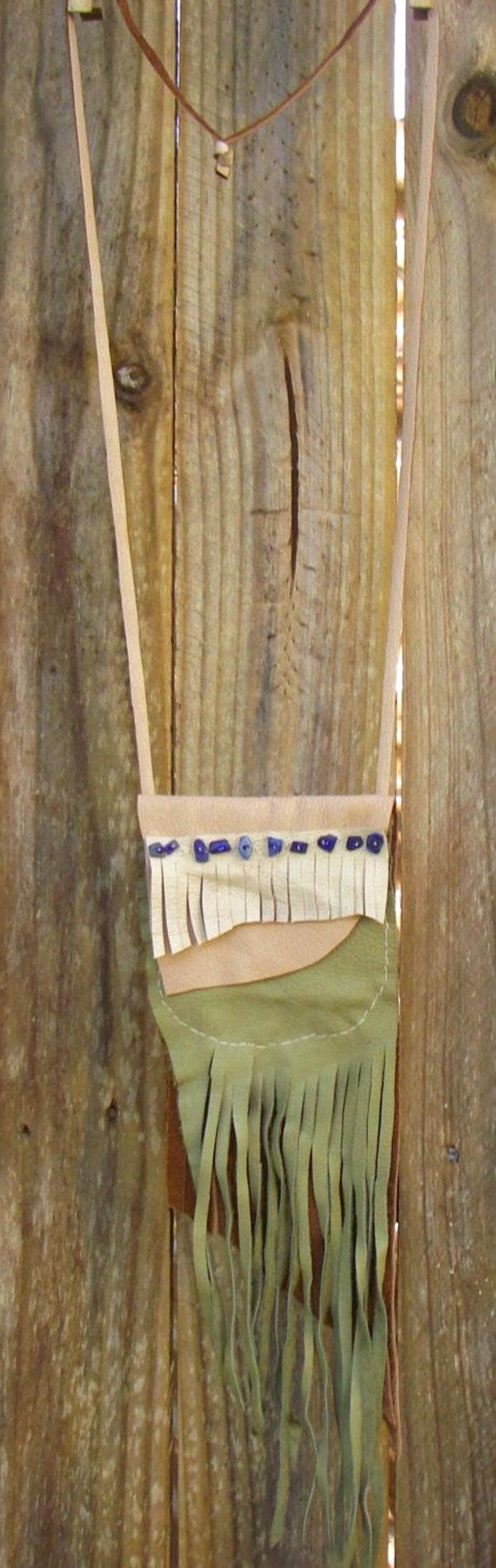 Medicine Bag, Leather Pouch, Lapiz Lazuli, Earthy, Tribal Jewellery, Festival Bag, Olive Green image 2
