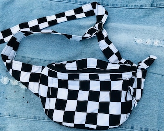 Checkered Bum Bag, Black and White Waist Bag, Festival Belt