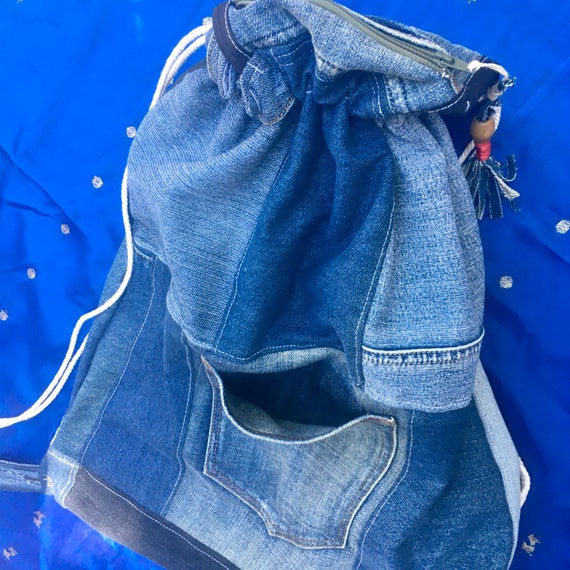 Denim drawstring backpack hotsell