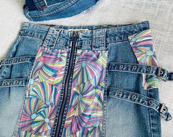 Upcycled Denim Mini Skirt, Psychedelic Fabric Patch, Funky Denim Skirt, Size 8Au