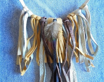 May include: A close-up of a leather necklace with multiple strands of fringe in brown, tan, and white. The fringe is tied together with a knot at the top and a small feather is attached to the knot.