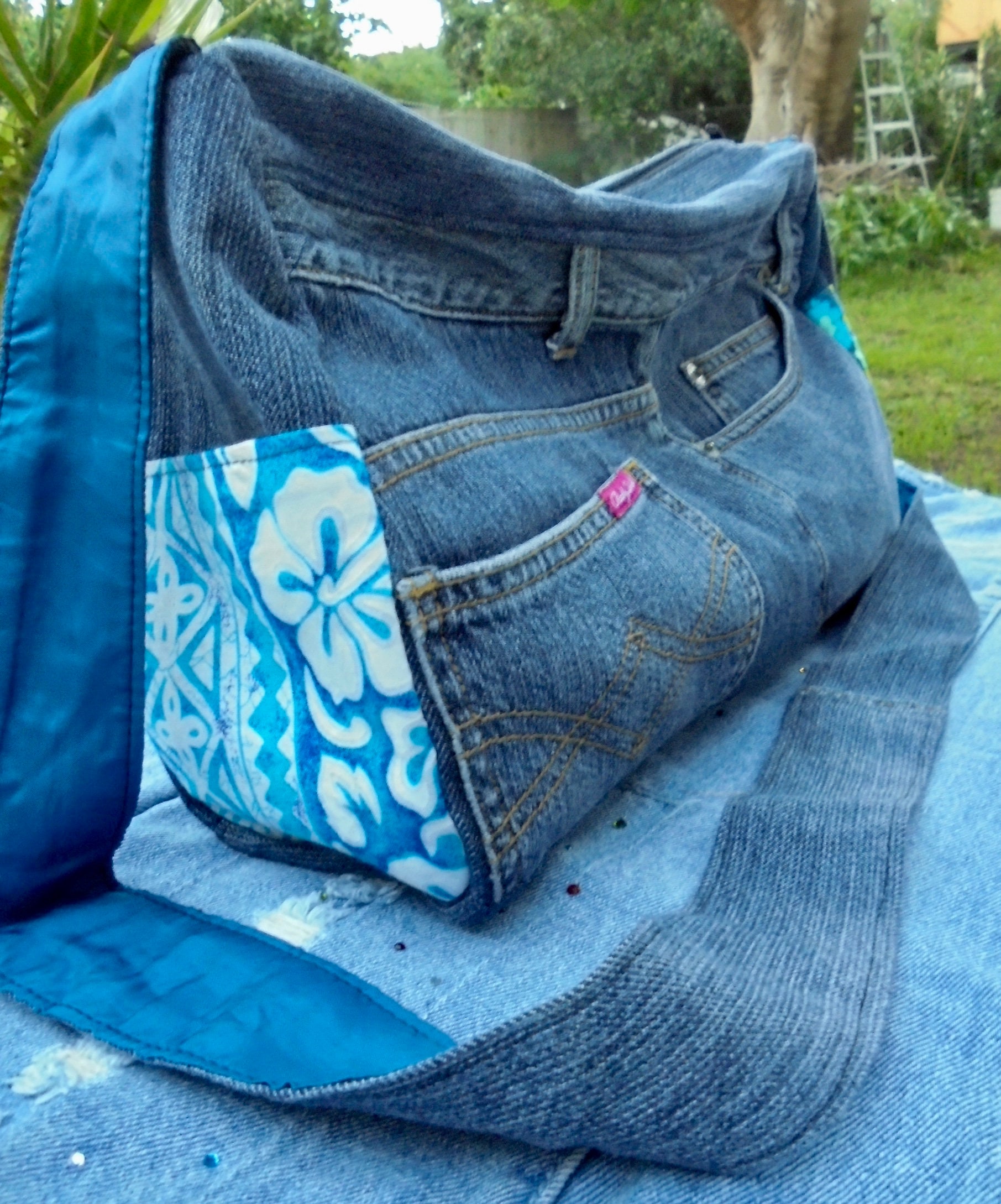 Shoulder Bag Denim Patchwork Pockets 