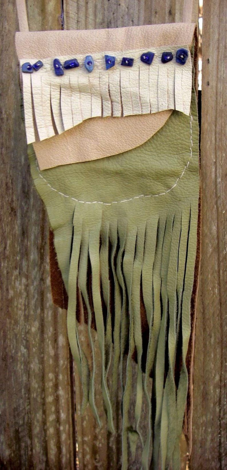 Medicine Bag, Leather Pouch, Lapiz Lazuli, Earthy, Tribal Jewellery, Festival Bag, Olive Green image 1