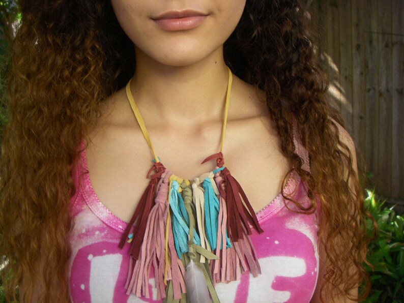 Organic Jewellery Leather Fringe Tribal Feather Necklace Festival Jewellery