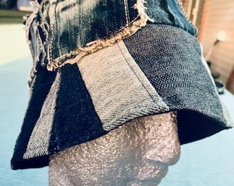 Upcycled Denim Bucket Hat, Patchwork Blue Jeans Sun Hat, Small Size