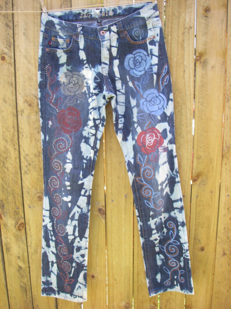 Hand Painted Jeans Denim Jeans Roses Wearable Art Etsy New Zealand