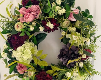 Spring Country Garden Cottage Camellia  Leaf and Mixed Floral Wreath