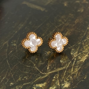 Gold Clover Earrings | White Mother-of-Pearl | 14K Gold Plated Statement Jewelry