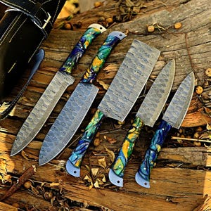 Damascus Steel Chef Knife Set, Hand forged Kitchen knives, Handmade resin handle Cooking tool set, gift for her.
