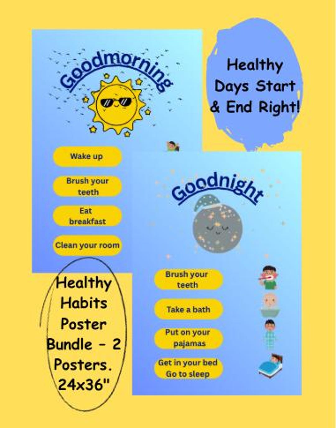 Weekdays Routine Poster Kids Routine Chart Posters | Morning & Night Habits Bundle (24x36