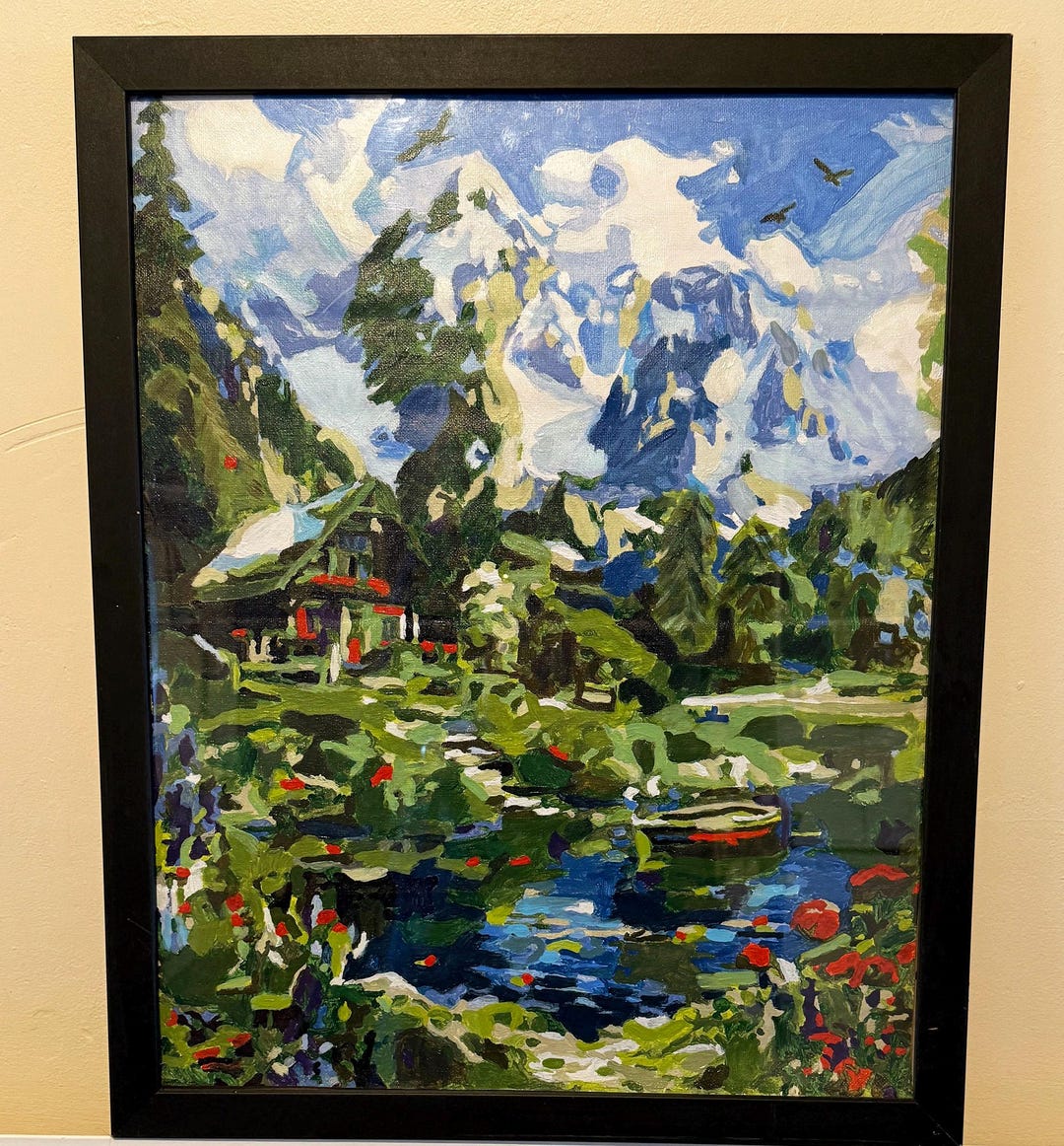 Alpine Lake Acrylic Painting – Impressionist Mountain Landscape Art ...