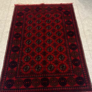 Handmade Afghan Bukhara Rug: Red Wool Tribal Carpet (3.5x5.2 ft)