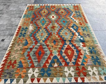 Tappeto Kilim afgano fatto a mano: tappeto Chobi in lana Maimana 4'8 x 6'8