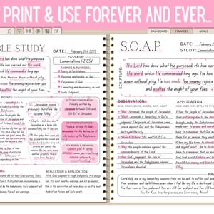 May include: Open notebook with Bible study notes. The pages feature handwritten text, including the date, passage, and key verses. Pink accents and a pen are visible. The notebook is for Bible study.