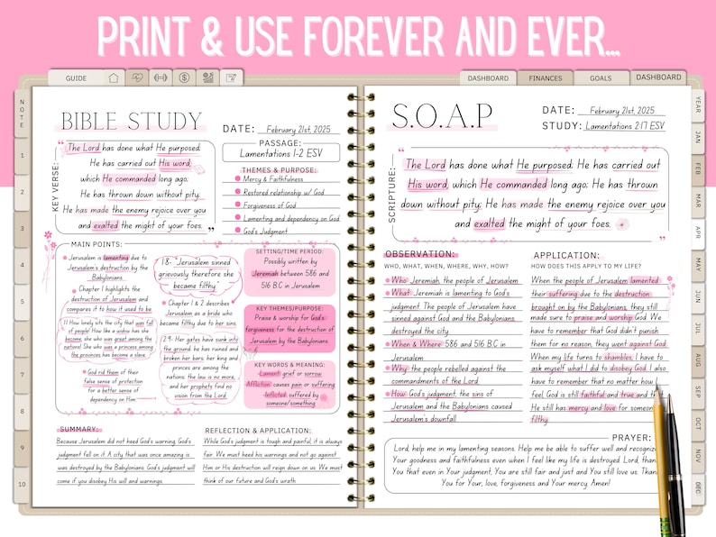 May include: Open notebook with Bible study notes. The pages feature handwritten text, including the date, passage, and key verses. Pink accents and a pen are visible. The notebook is for Bible study.