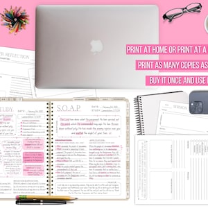 May include: A collection of study materials, including a laptop, notebooks, and printed pages, arranged on a pink surface. The materials include a Bible study guide, a sermon template, and a daily prayer sheet. Text on the pages includes "Bible Study" and "S.O.A.P."