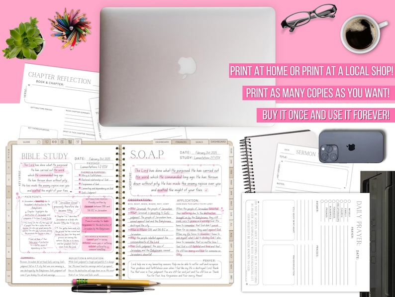 May include: A collection of study materials, including a laptop, notebooks, and printed pages, arranged on a pink surface. The materials include a Bible study guide, a sermon template, and a daily prayer sheet. Text on the pages includes "Bible Study" and "S.O.A.P."