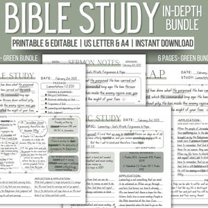 May include: A six-page green Bible study bundle, featuring the text "Bible Study" and "Printable & Editable." The pages include study notes, key verses, and application sections. Designed for US Letter and A4 sizes.