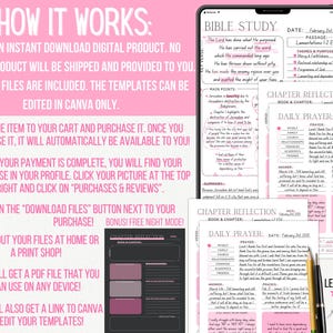 May include: Digital Bible study templates in pink and black. The image shows a tablet displaying a Bible study page, along with printed pages for chapter reflection and daily prayer. The text includes instructions on how to use the templates.