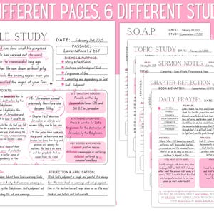 May include: A pink and white Bible study planner with six different pages. The pages include Bible study notes, topic study, sermon notes, chapter reflection, and daily prayer. Text includes "6 Different Pages, 6 Different Studies."