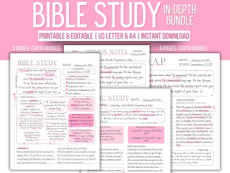 May include: A pink and white Bible study bundle with the text "Bible Study" and "In-Depth Bundle." The printable and editable bundle includes six pages with study notes, key verses, and application sections. The pages are designed for US Letter and A4 sizes.