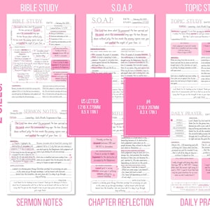 May include: Pink and white printable guides for Bible study, S.O.A.P., topic study, sermon notes, chapter reflection, and daily prayer. The guides are available in US Letter (8.5 x 11 inches) and A4 (8.3 x 11.7 inches) sizes. Text includes "Bible Study", "S.O.A.P.", and "Topic Study".
