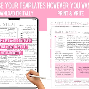 May include: Digital Bible study templates with the text "USE YOUR TEMPLATES HOWEVER YOU WANT! DOWNLOAD DIGITALLY PRINT & WRITE." The image shows a tablet and two sheets of paper with Bible study notes and a pen.