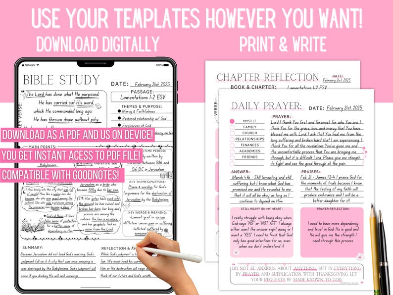 May include: Digital Bible study templates with the text "USE YOUR TEMPLATES HOWEVER YOU WANT! DOWNLOAD DIGITALLY PRINT & WRITE." The image shows a tablet and two sheets of paper with Bible study notes and a pen.