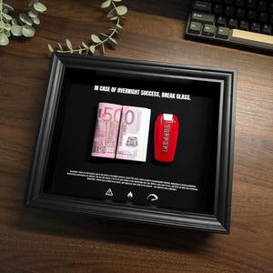 Euro & Ferrari Key Frame by FramedCash - In Case Of Overnight Success Frame 25x20 cm | Luxury Home Decor money art.