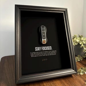 Stay Focused Porsche Key Frame by FramedCash | Motivational Wall Art | 25x20cm Luxury Car Decor for Entrepreneurs.