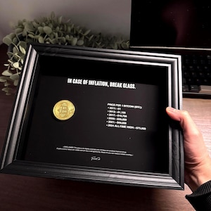 Puede incluir: Un marco negro tipo caja con una moneda Bitcoin de color dorado y texto blanco que dice: IN CASE OF INFLATION, BREAK GLASS. Debajo hay una lista de precios de Bitcoin desde 2011 hasta 2024, seguida de una pequeña nota legal al pie.