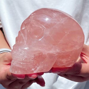 Pode incluir: Uma caveira de quartzo rosa polido e translúcido. A caveira é de cor rosa suave e é segurada em frente a uma camisa branca. As características da caveira são claramente definidas, com órbitas oculares, nariz e dentes visíveis. A estética geral é suave e detalhada.