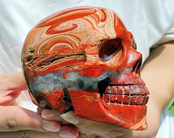 手彫りのメキシカンブルーオニキススカル：XLサイズの縞模様の