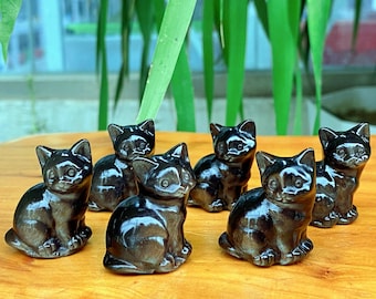 1pc Silver Obsidian Cat Carving: Crystal Healing Gift,1.4"