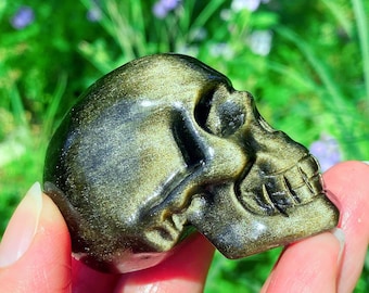 Cráneo de obsidiana de oro natural de 2,3&quot;, cráneo de cristal de cuarzo, espécimen mineral, curación con cristales, regalos de cristal (1 unidad)